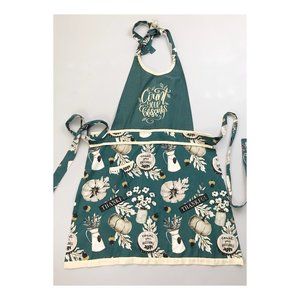 SIMPLY WHIMSICAL Vintage Inspired Apron Autumn Farmhouse Thanksgiving Teal Tan